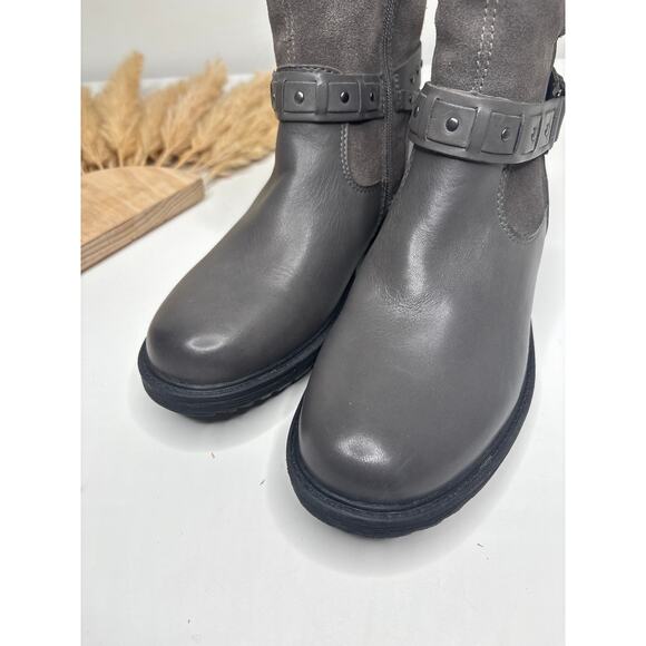 Earth Artistic Onyx Stone Grey Leather Suede Moto Ankle Boots Size 8.5 Buckle - Picture 5 of 8
